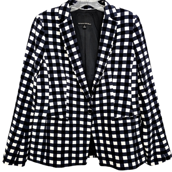 Nwot Banana Republic Dark Navy Black/White Gingham Collared Blazer - Picture 17 of 17